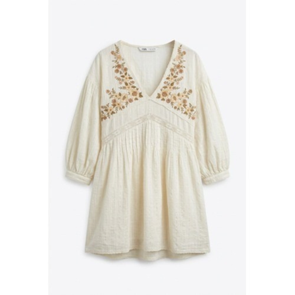 Zara Dress Women L White Floral Embroidered Boho Swing Peasant Mini V Neck